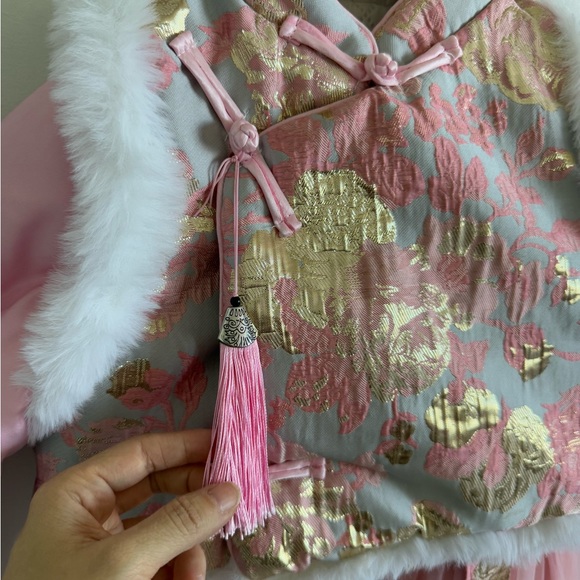Chinese New Year costume dress jacket pink gold winter fur hanfu 5T - Picture 3 of 3